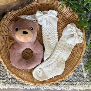 Plush Teddy Bear Donut Rattle and Boutique Bow Knee High Socks 0-12M